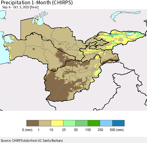 Central Asia Precipitation 1-Month (CHIRPS) Thematic Map For 9/6/2023 - 10/5/2023