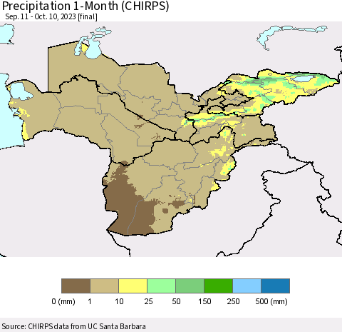 Central Asia Precipitation 1-Month (CHIRPS) Thematic Map For 9/11/2023 - 10/10/2023