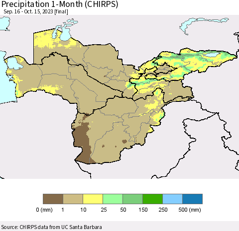 Central Asia Precipitation 1-Month (CHIRPS) Thematic Map For 9/16/2023 - 10/15/2023