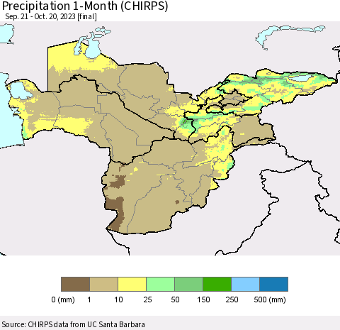 Central Asia Precipitation 1-Month (CHIRPS) Thematic Map For 9/21/2023 - 10/20/2023