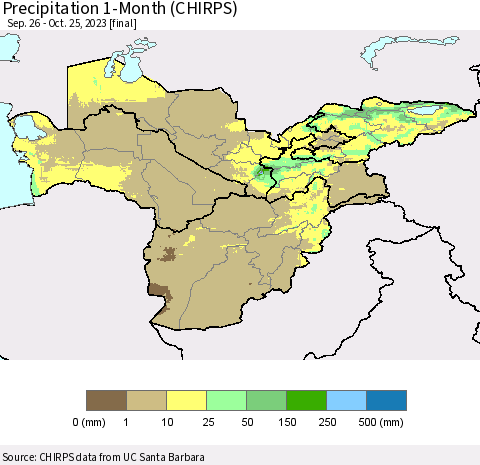 Central Asia Precipitation 1-Month (CHIRPS) Thematic Map For 9/26/2023 - 10/25/2023