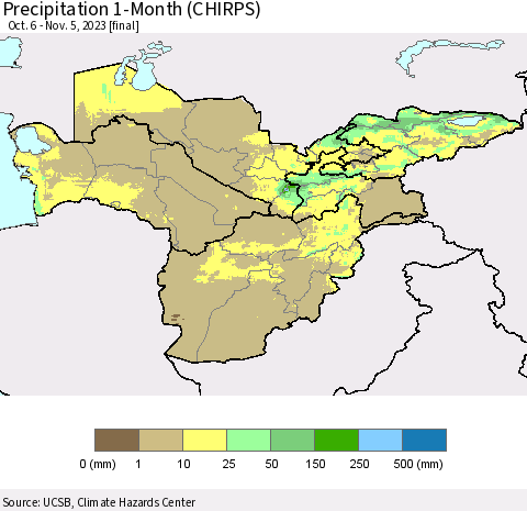 Central Asia Precipitation 1-Month (CHIRPS) Thematic Map For 10/6/2023 - 11/5/2023