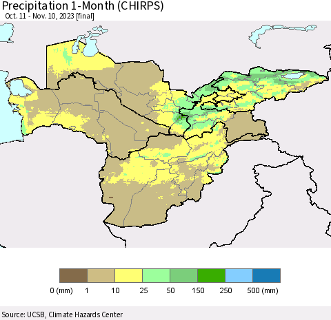 Central Asia Precipitation 1-Month (CHIRPS) Thematic Map For 10/11/2023 - 11/10/2023