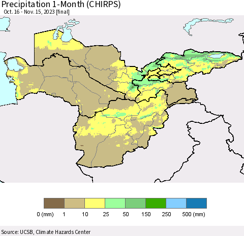 Central Asia Precipitation 1-Month (CHIRPS) Thematic Map For 10/16/2023 - 11/15/2023