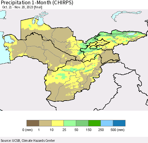 Central Asia Precipitation 1-Month (CHIRPS) Thematic Map For 10/21/2023 - 11/20/2023