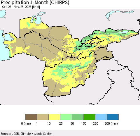Central Asia Precipitation 1-Month (CHIRPS) Thematic Map For 10/26/2023 - 11/25/2023