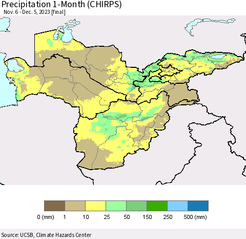 Central Asia Precipitation 1-Month (CHIRPS) Thematic Map For 11/6/2023 - 12/5/2023