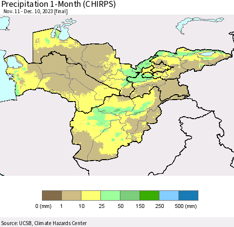 Central Asia Precipitation 1-Month (CHIRPS) Thematic Map For 11/11/2023 - 12/10/2023