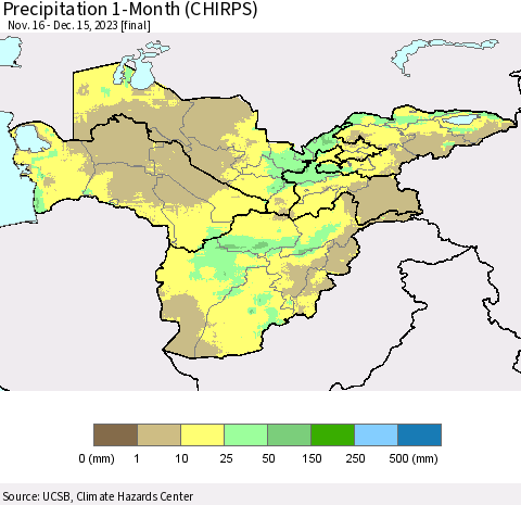 Central Asia Precipitation 1-Month (CHIRPS) Thematic Map For 11/16/2023 - 12/15/2023