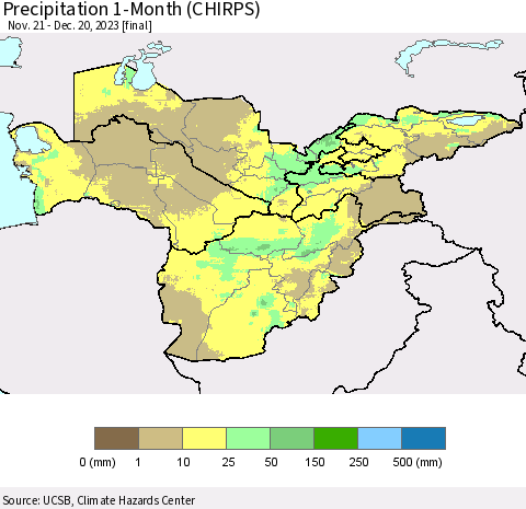 Central Asia Precipitation 1-Month (CHIRPS) Thematic Map For 11/21/2023 - 12/20/2023