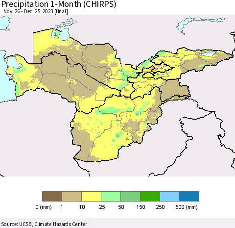 Central Asia Precipitation 1-Month (CHIRPS) Thematic Map For 11/26/2023 - 12/25/2023