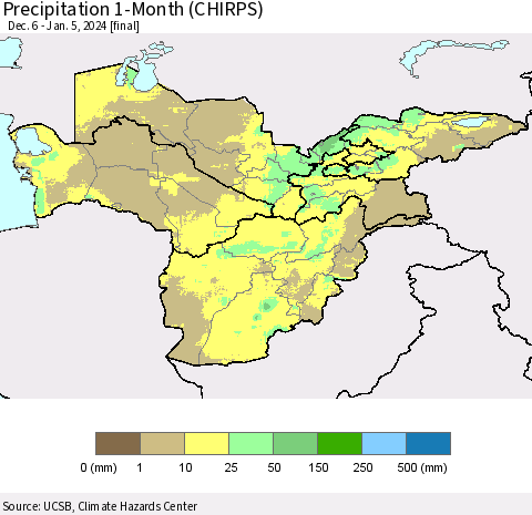 Central Asia Precipitation 1-Month (CHIRPS) Thematic Map For 12/6/2023 - 1/5/2024