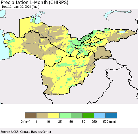 Central Asia Precipitation 1-Month (CHIRPS) Thematic Map For 12/11/2023 - 1/10/2024