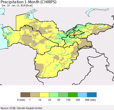 Central Asia Precipitation 1-Month (CHIRPS) Thematic Map For 12/16/2023 - 1/15/2024