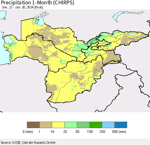 Central Asia Precipitation 1-Month (CHIRPS) Thematic Map For 12/21/2023 - 1/20/2024