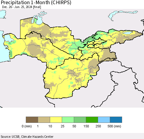 Central Asia Precipitation 1-Month (CHIRPS) Thematic Map For 12/26/2023 - 1/25/2024