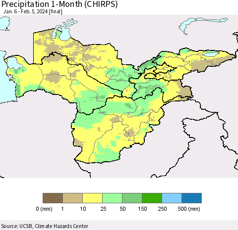 Central Asia Precipitation 1-Month (CHIRPS) Thematic Map For 1/6/2024 - 2/5/2024