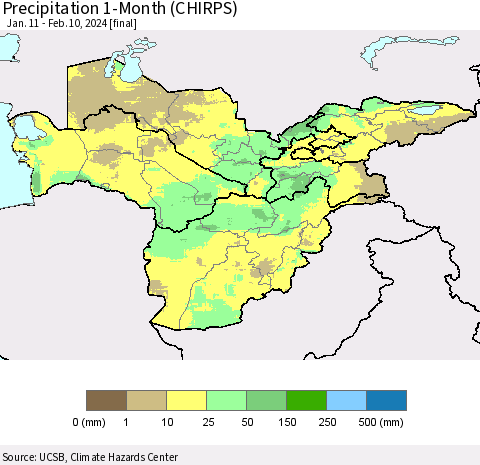 Central Asia Precipitation 1-Month (CHIRPS) Thematic Map For 1/11/2024 - 2/10/2024