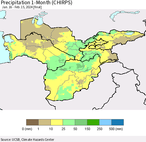 Central Asia Precipitation 1-Month (CHIRPS) Thematic Map For 1/16/2024 - 2/15/2024