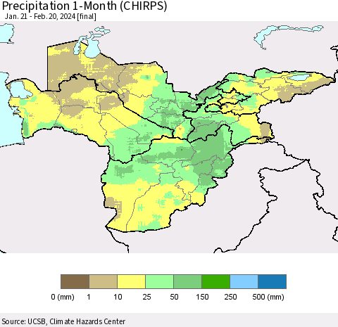 Central Asia Precipitation 1-Month (CHIRPS) Thematic Map For 1/21/2024 - 2/20/2024