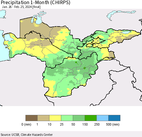 Central Asia Precipitation 1-Month (CHIRPS) Thematic Map For 1/26/2024 - 2/25/2024