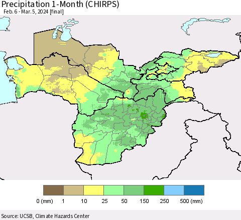 Central Asia Precipitation 1-Month (CHIRPS) Thematic Map For 2/6/2024 - 3/5/2024