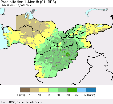 Central Asia Precipitation 1-Month (CHIRPS) Thematic Map For 2/11/2024 - 3/10/2024