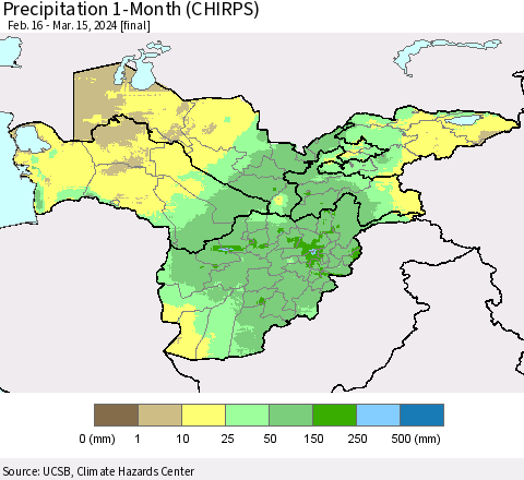 Central Asia Precipitation 1-Month (CHIRPS) Thematic Map For 2/16/2024 - 3/15/2024
