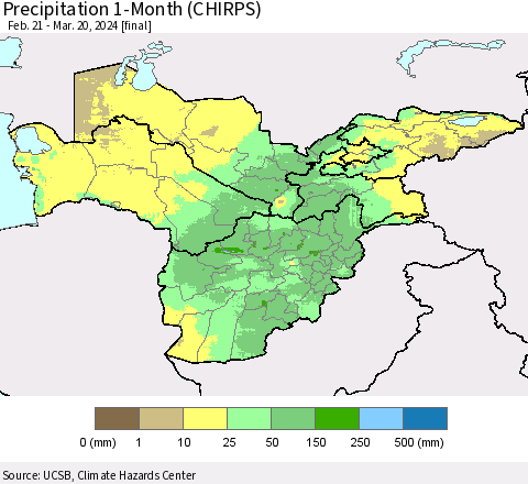 Central Asia Precipitation 1-Month (CHIRPS) Thematic Map For 2/21/2024 - 3/20/2024