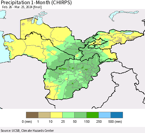 Central Asia Precipitation 1-Month (CHIRPS) Thematic Map For 2/26/2024 - 3/25/2024