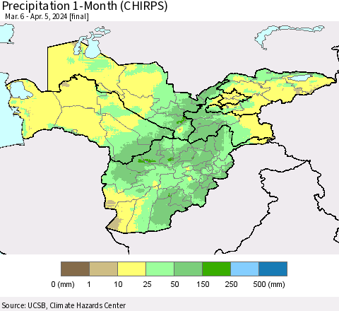 Central Asia Precipitation 1-Month (CHIRPS) Thematic Map For 3/6/2024 - 4/5/2024