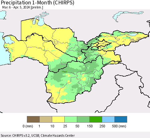 Central Asia Precipitation 1-Month (CHIRPS) Thematic Map For 3/6/2024 - 4/5/2024