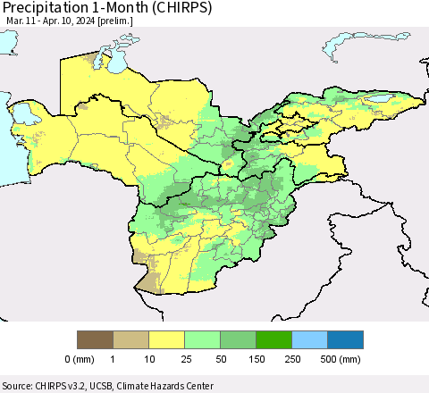 Central Asia Precipitation 1-Month (CHIRPS) Thematic Map For 3/11/2024 - 4/10/2024