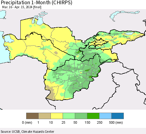 Central Asia Precipitation 1-Month (CHIRPS) Thematic Map For 3/16/2024 - 4/15/2024
