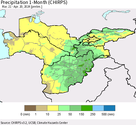 Central Asia Precipitation 1-Month (CHIRPS) Thematic Map For 3/21/2024 - 4/20/2024