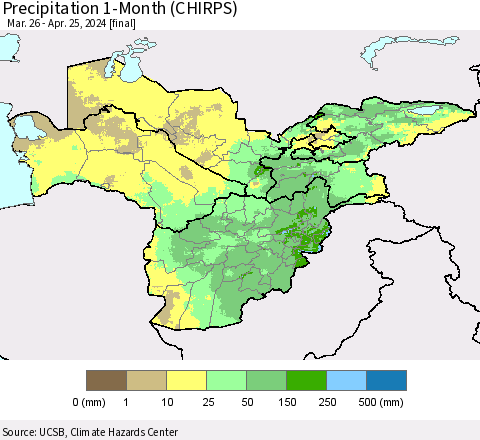 Central Asia Precipitation 1-Month (CHIRPS) Thematic Map For 3/26/2024 - 4/25/2024