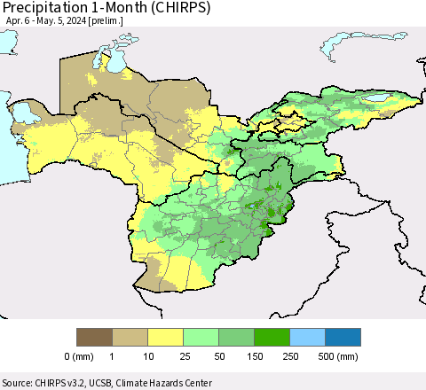 Central Asia Precipitation 1-Month (CHIRPS) Thematic Map For 4/6/2024 - 5/5/2024