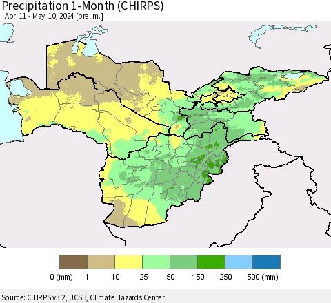 Central Asia Precipitation 1-Month (CHIRPS) Thematic Map For 4/11/2024 - 5/10/2024