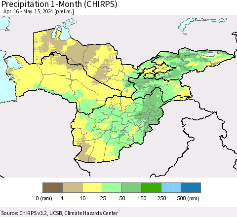 Central Asia Precipitation 1-Month (CHIRPS) Thematic Map For 4/16/2024 - 5/15/2024