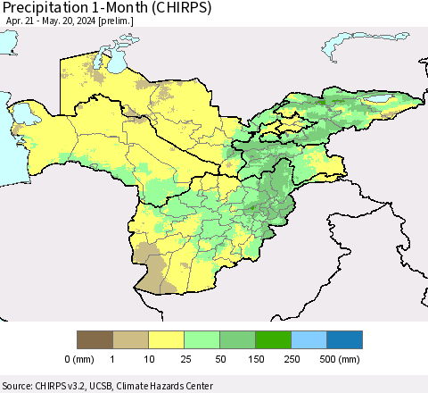 Central Asia Precipitation 1-Month (CHIRPS) Thematic Map For 4/21/2024 - 5/20/2024