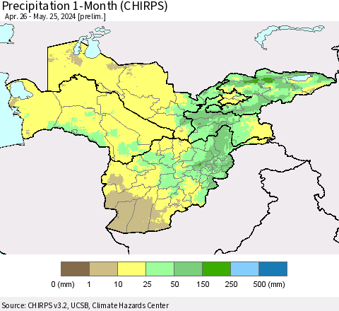 Central Asia Precipitation 1-Month (CHIRPS) Thematic Map For 4/26/2024 - 5/25/2024