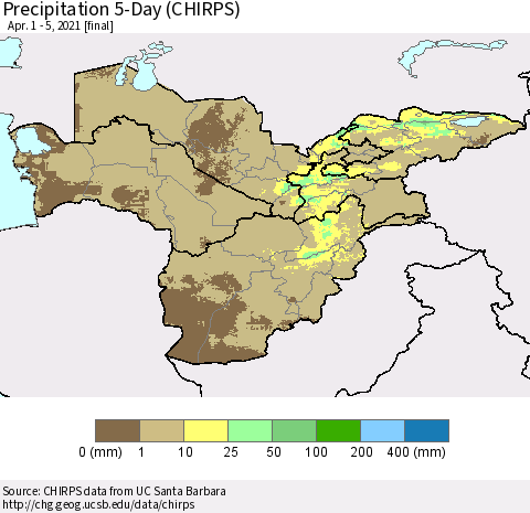 Central Asia Precipitation 5-Day (CHIRPS) Thematic Map For 4/1/2021 - 4/5/2021