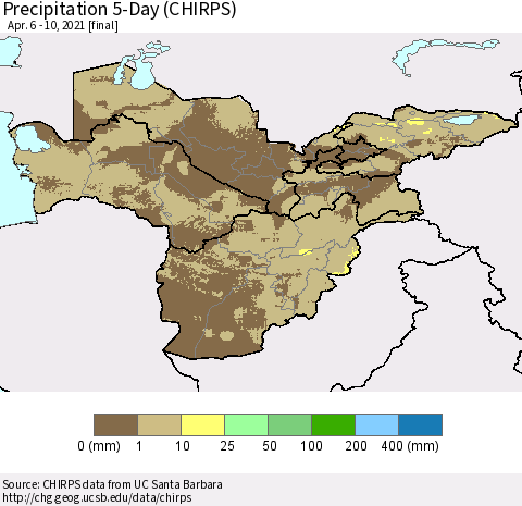 Central Asia Precipitation 5-Day (CHIRPS) Thematic Map For 4/6/2021 - 4/10/2021