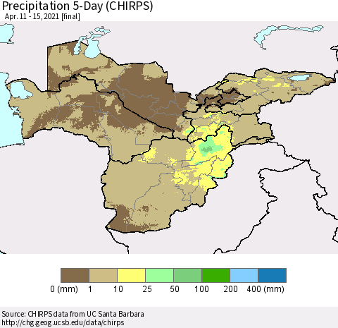 Central Asia Precipitation 5-Day (CHIRPS) Thematic Map For 4/11/2021 - 4/15/2021
