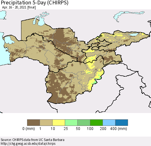 Central Asia Precipitation 5-Day (CHIRPS) Thematic Map For 4/16/2021 - 4/20/2021
