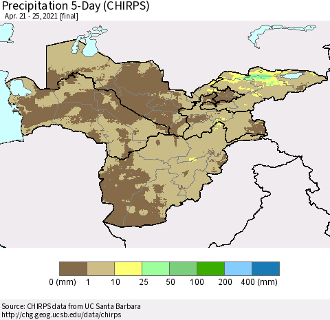 Central Asia Precipitation 5-Day (CHIRPS) Thematic Map For 4/21/2021 - 4/25/2021