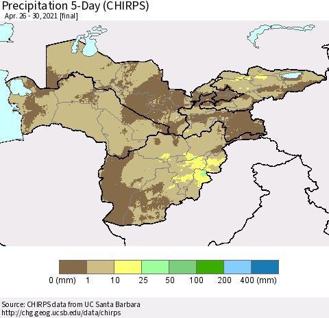 Central Asia Precipitation 5-Day (CHIRPS) Thematic Map For 4/26/2021 - 4/30/2021