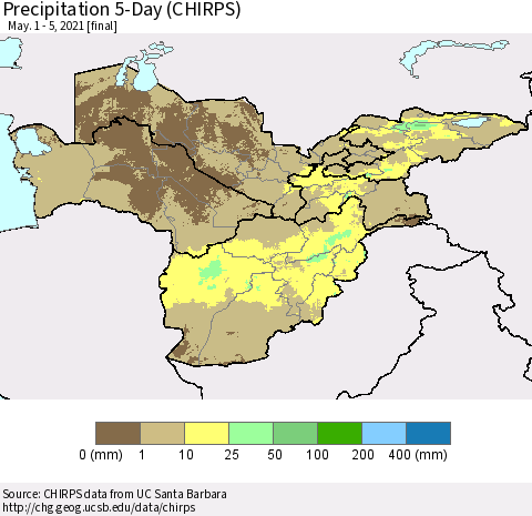 Central Asia Precipitation 5-Day (CHIRPS) Thematic Map For 5/1/2021 - 5/5/2021