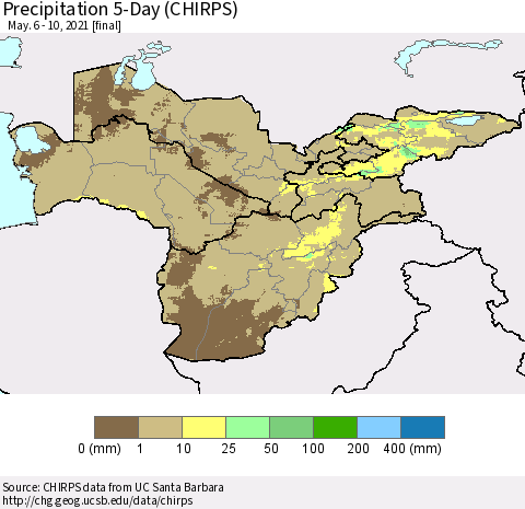 Central Asia Precipitation 5-Day (CHIRPS) Thematic Map For 5/6/2021 - 5/10/2021