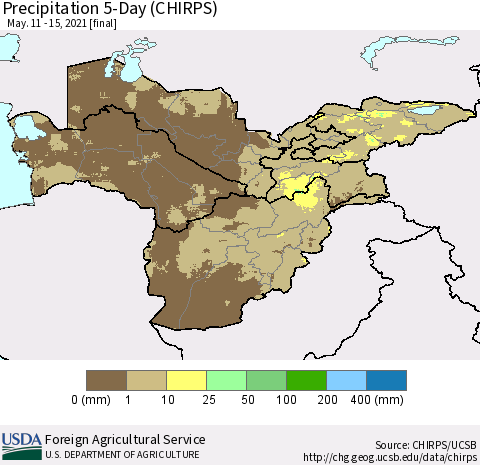 Central Asia Precipitation 5-Day (CHIRPS) Thematic Map For 5/11/2021 - 5/15/2021